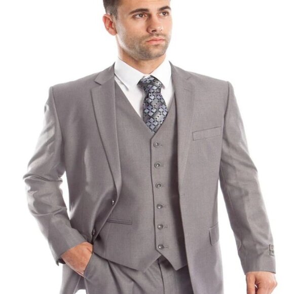 Light Grey Suit - Silver Gray Suit For Wedding - Men's Vested Two Button Solid C - Picture 1 of 2